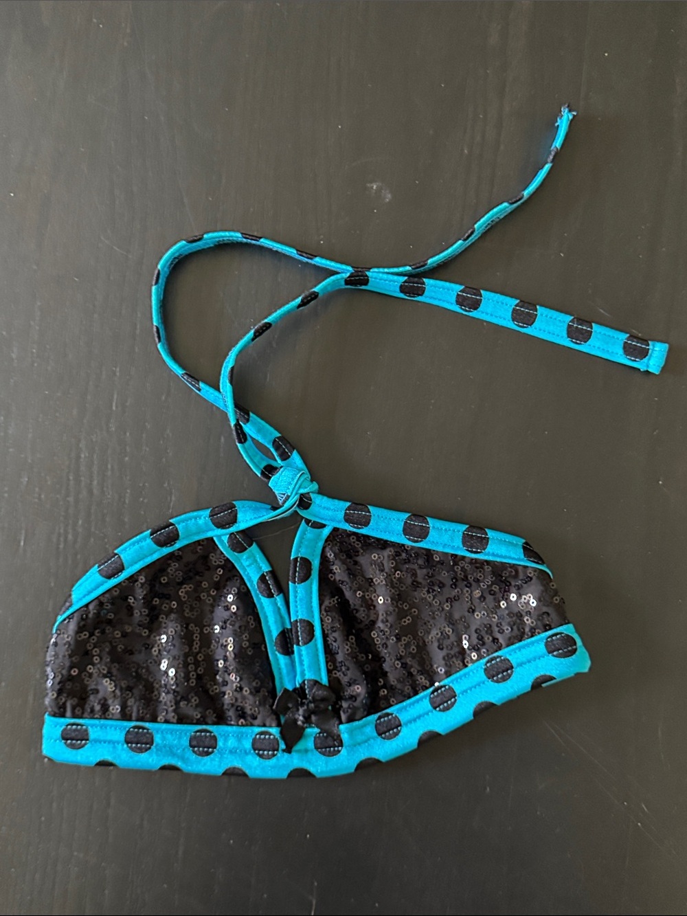 Kids Dance Costume Top - Black Sequin with Teal Polka Dot Trim